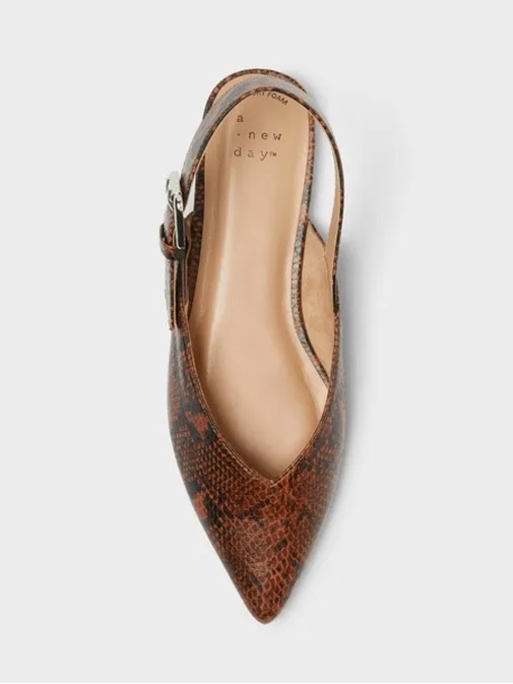 NWT Women’s 6.5 Pointed Slingback Flat Brown Snake Print with Memory Foam Insole - Picture 2 of 4